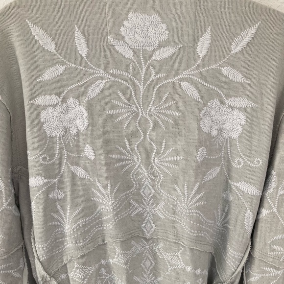 Caite Anthro Belted Boho Cotton Cardigan Floral Embroidered Small Gray Jacket - Picture 2 of 5